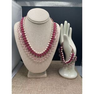 Coldwater Creek Fringe Necklace & Bracelet Set  Pink White Clear Acrylic Adjusta